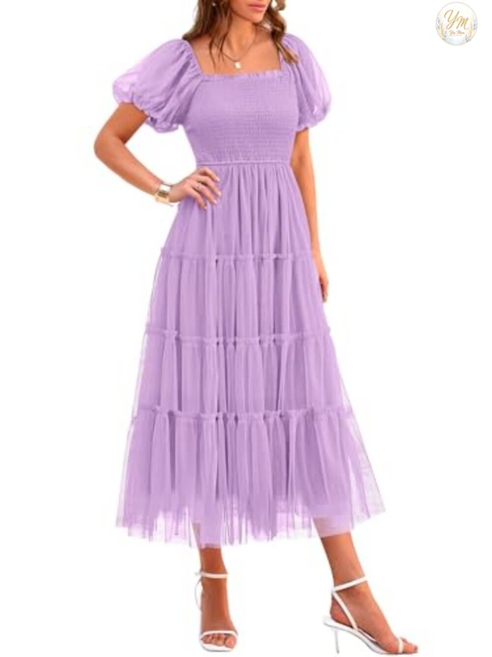 PRETTYGARDEN Women's Smocked Midi Tulle Dress Short Sleeve Formal